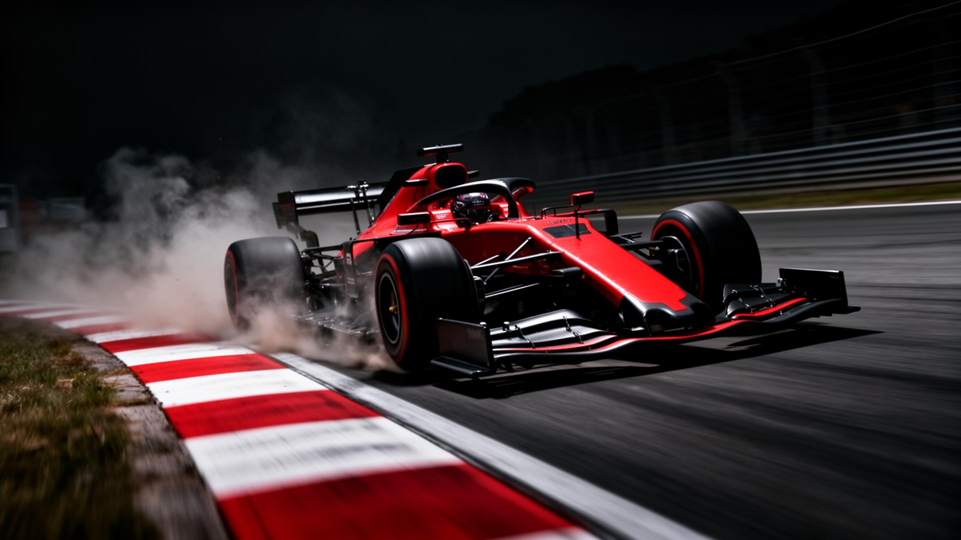 Formula 1 race car speeding past a premium coffee bag on a racing track